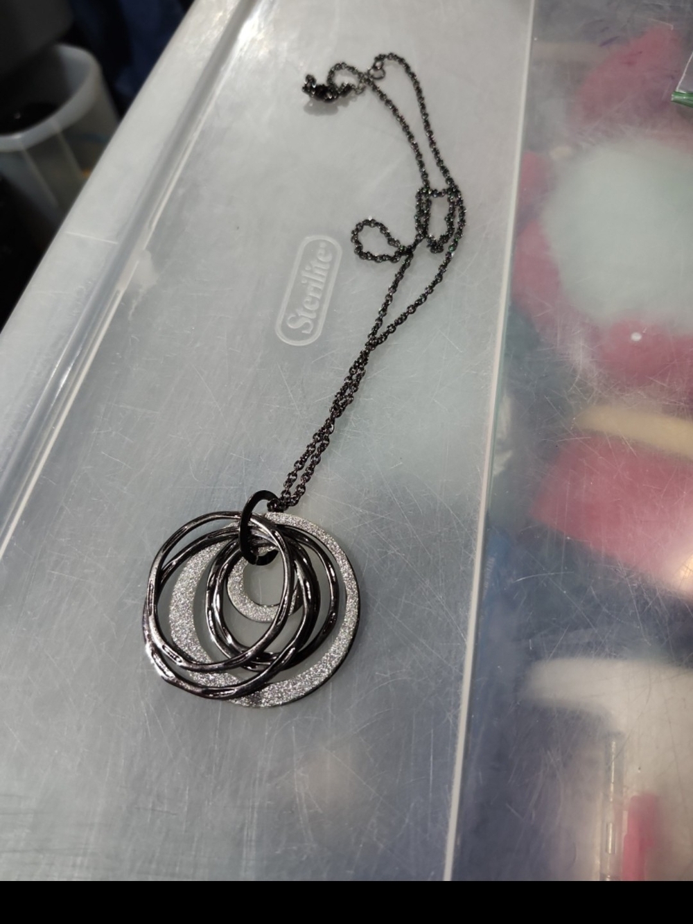 Hematite with Silver Glitter Pendant Necklace long chain circles